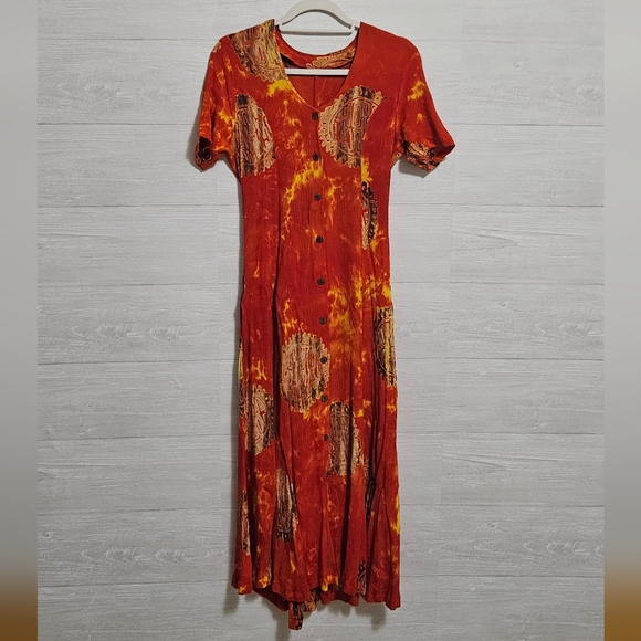Vintage 90s Orange Tye Dye Graphic Ramie Tie Back Maxi Dress Size M -HAS POCKETS - Picture 1 of 4